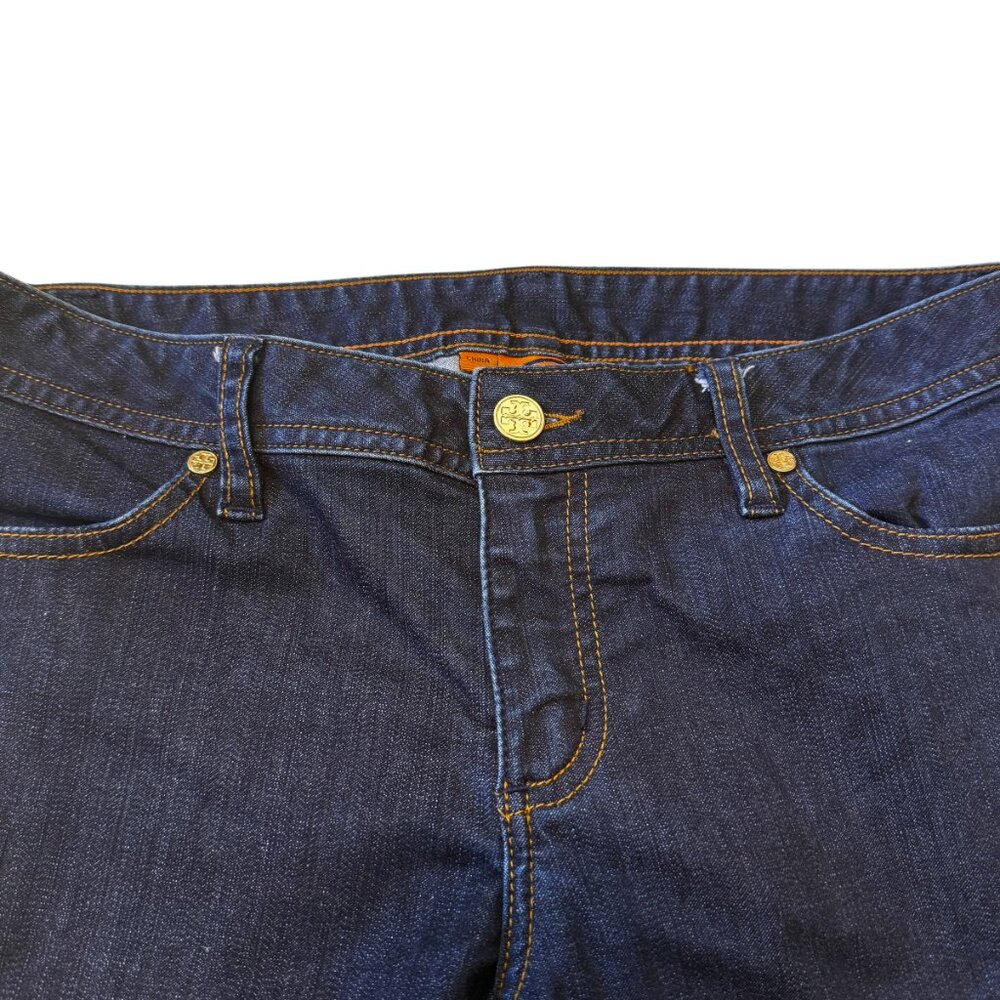 Tory Burch Dark Wash Mid Rise Denim Legging Skinny Jeans Gold Emblem size 29 - Picture 4 of 7